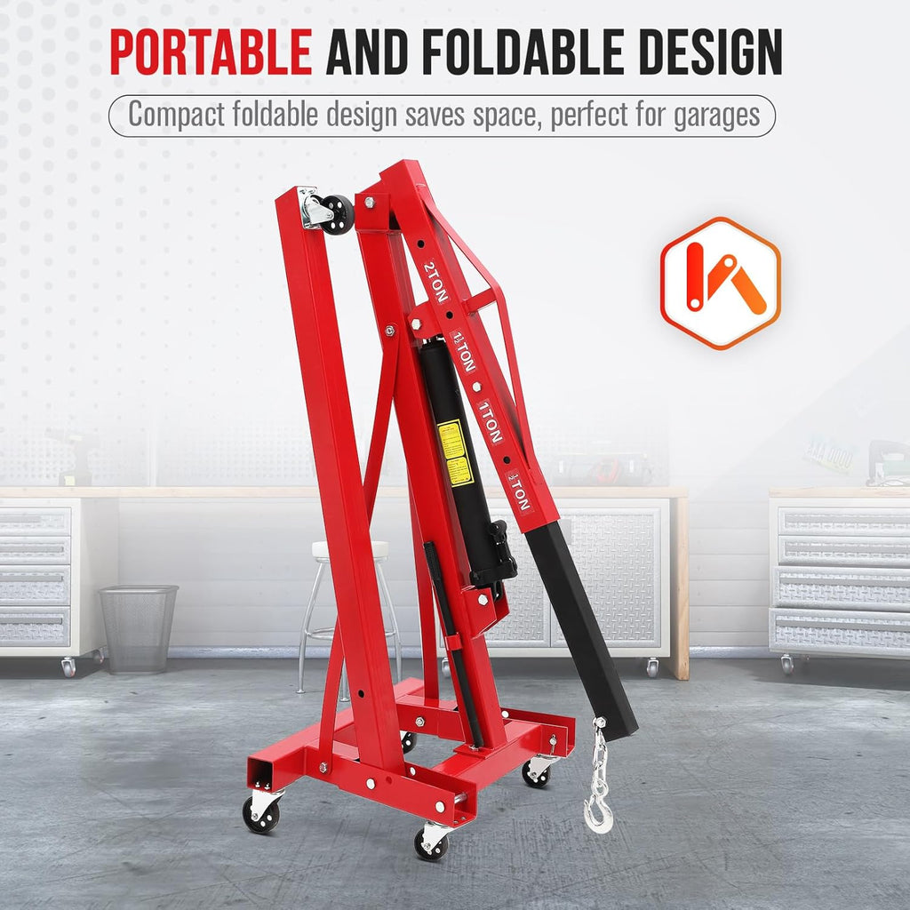 2 Ton Hydraulic Engine Hoist with Lever Stabilizer, Cherry Picker Engine Hoist, 4400LBS Heavy Duty Garage Crane with 6 Swivel Casters & Adjustable Telescopic Boom, for Auto Repair & Workshop (Red)