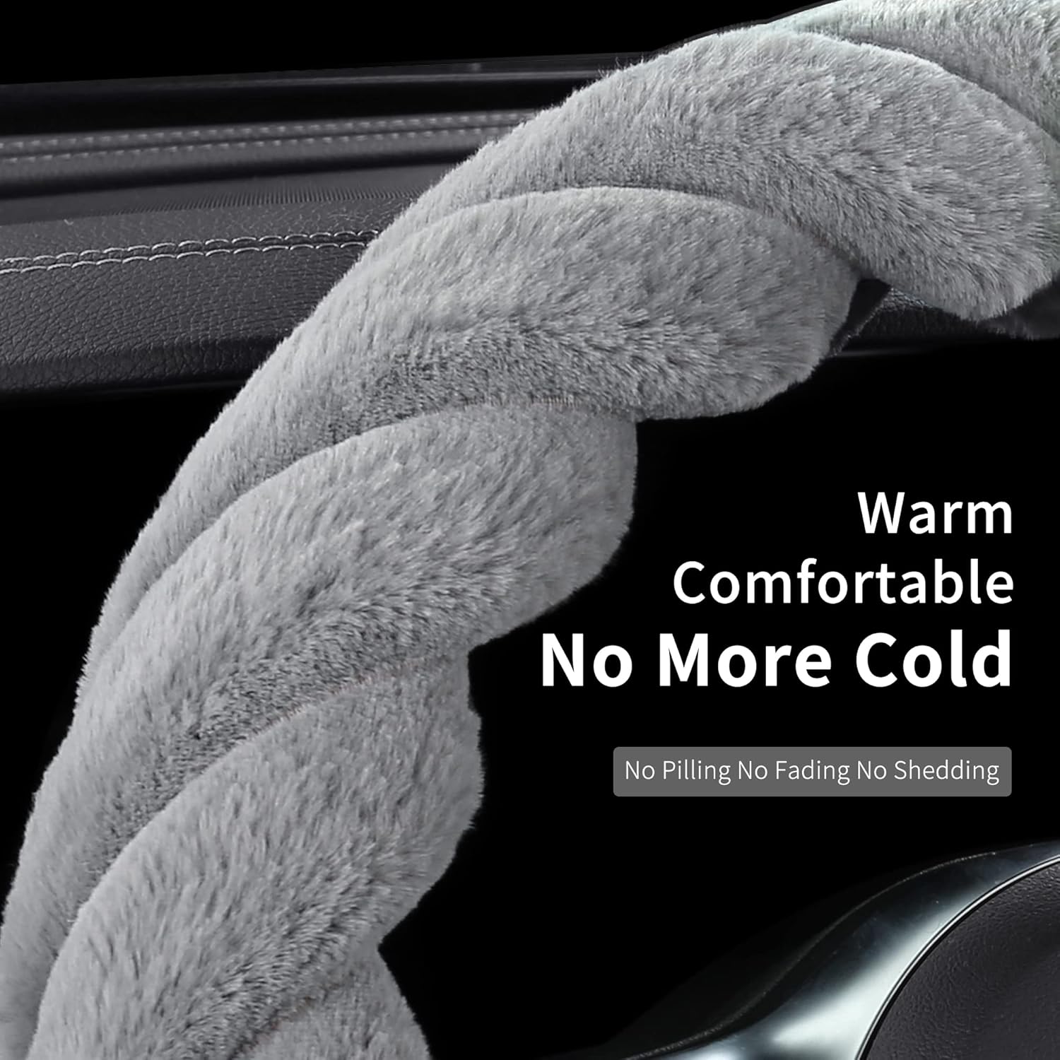 Luxury Fluffy Winter Car Steering Wheel Cover for Women Soft Warm Plush Cute Auto Accessories for Vehicle, Sedan, Universal, Fuzzy, Anti Slip, Gray, Standard Size, 14.75-15.15"