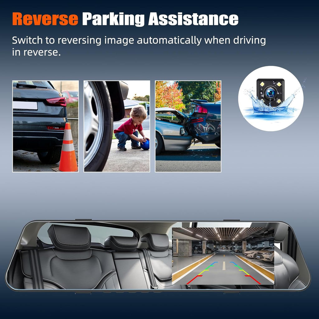 Mirror Dash Cam 4.7 Inch Rear View Mirror 720P Front and Rear View Dual Cameras with Super Night Vision,Parking Assistance,Loop Recording,24H Parking Monitor, Waterproof Backup Camera
