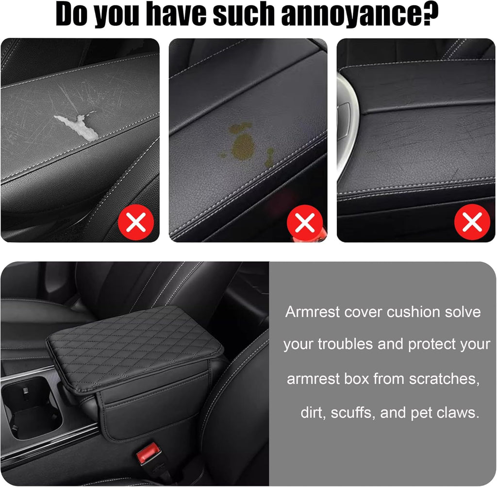 Car Center Console Cover, Upgraded Leather Armrest Seat Box Cover with 2 Storage Bags, Universal Waterproof Car Armrest Cover Cushion Comfortable Car Decor Accessories for Most Vehicles (Black)