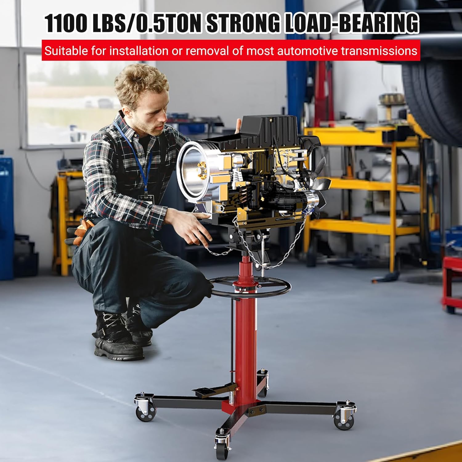 Transmission Jack, 1100lbs Hydraulic Telescoping Transmission Jacks, 33.5"-67" High Lift, 2-Stage Transmission Jack Stand 1/2 Ton Capacity with Foot Pedal, 360° Swivel Wheel