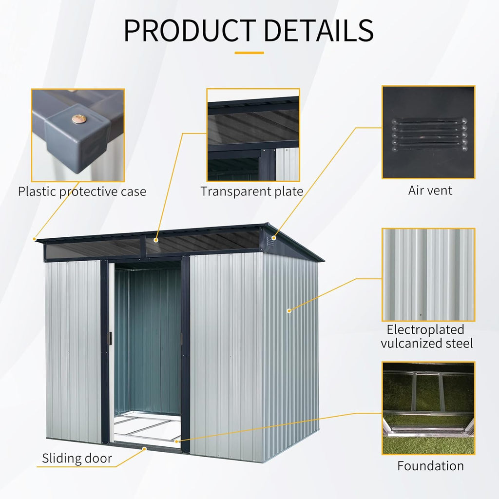 8x6 FT Outdoor Storage Shed,Metal Shed with Floor & Transparent Plate,Garden Shed W/Air Vent & Lockable Sliding Door,All Weather Waterproof Tool House W/Sloped Roof,Black+White