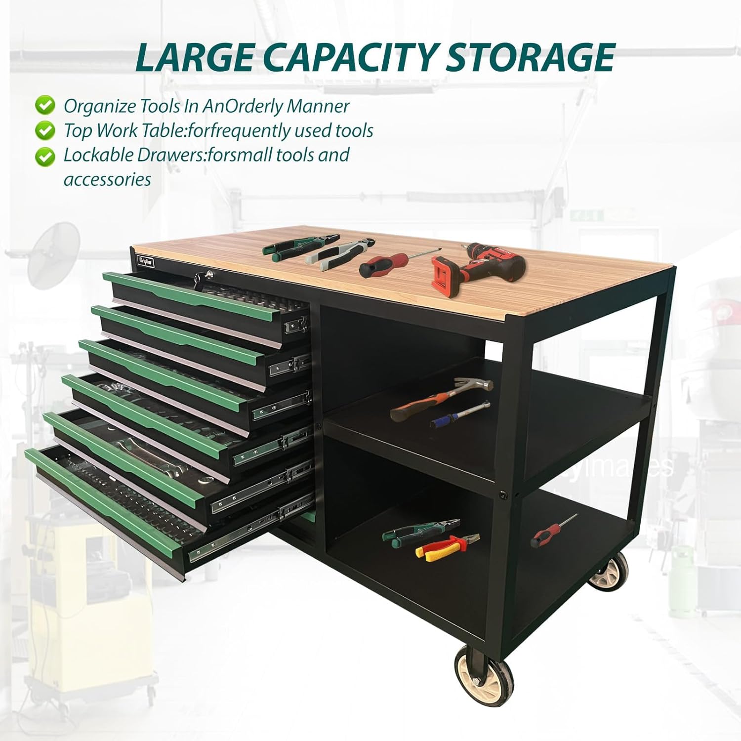 7-Drawers Professional Tool Cart Cabinet,Rolling Tool Chest with Double Shelves,Wood Workbench,Brake Wheels,51.1W x 18.9D x 32.3H inches for Garage, Workshop, or Outdoor Use(7 Drawers)
