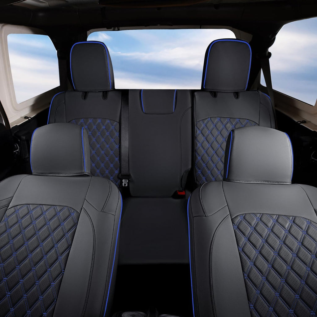 GIANT PANDA Fit Full Set Car Seat Covers for Jeep Wrangler 4 Door JL Sahara Sport Rubicon Unlimited Willys 2018 2019 2020 2021 2022 2023 2024 2025 Without Rear Cup Holder,Faux Leather - (Black+Blue)