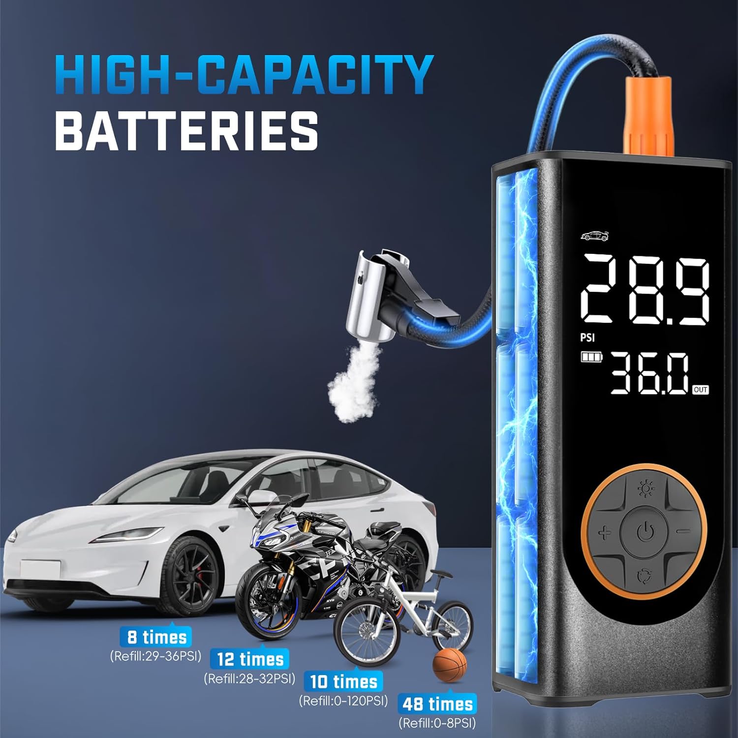 Tire Inflator Portable Air Compressor, 150PSI Cordless Air Pump for Car Tires, 4X Faster 12V DC Tire Pump with Tire Pressure Gauge, LED Light for Cars, Motorcycles, Bikes, Balls (Black)