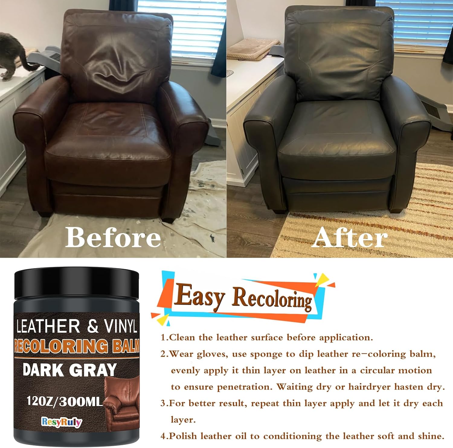 Dark Gray Recoloring Balm Leather Vinyl Auto Dash Board Car Interior Seats Paint Furniture Dye Color Restorer Refinish Shoes Sofa Gloves Jacket Purse Bag Couch Stain Fade Scratches Peeling Repair Kit