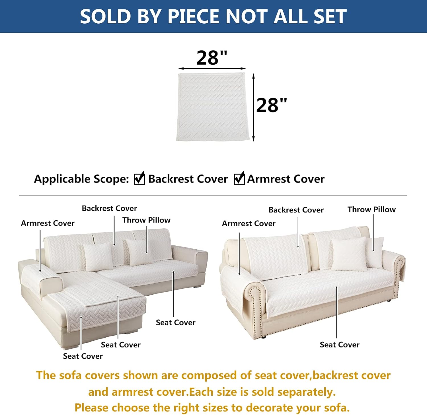 Eismodra Armrest Covers,Couch Cover,Sofa Cover,Backrest Covers,Anti-Slip Armchair Slipcovers for Dogs Cats Pet Loveseat Recliner Leather L Shaped,White 28 x 28 Inches (Only 1 Piece)