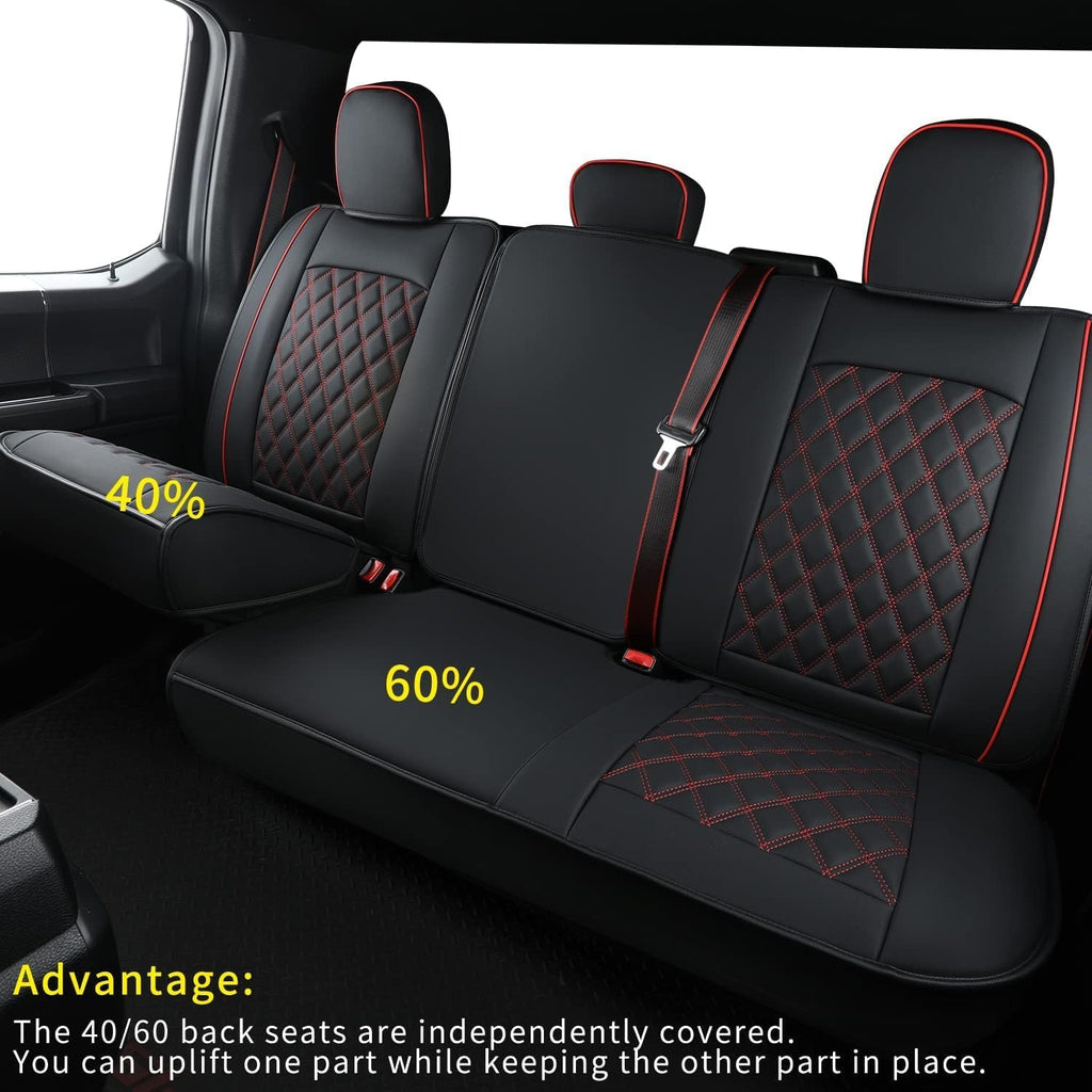 LUCKYMAN CLUB F150 Faux Leather Seat Covers Fit for 2015-2025 F150 and 2017-2025 F250 F350 F450 Pickup Trucks(Full Set, Black&Red)