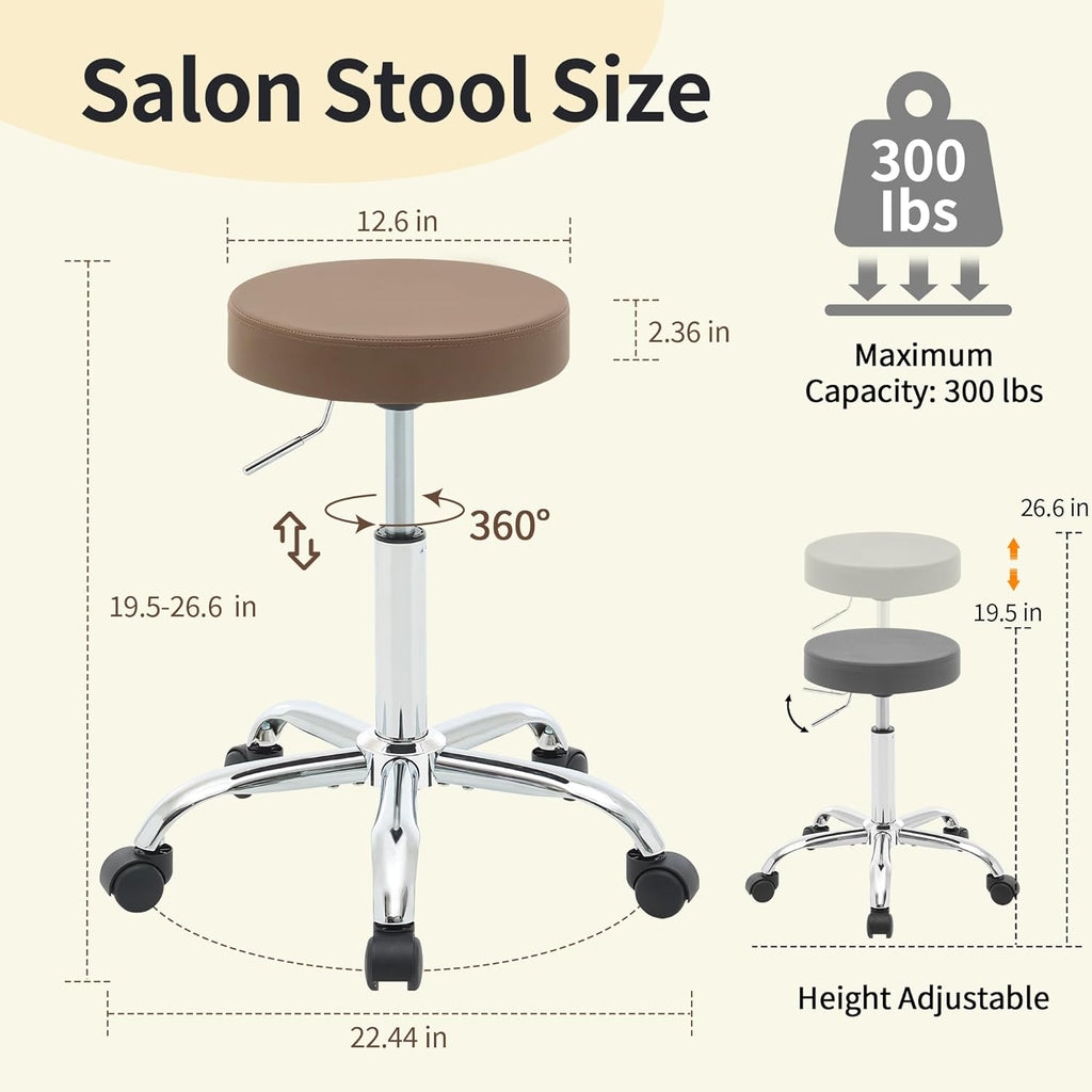 Salon Rolling Chair, Adjustable Stools with Wheels 19.5’’-26.6’’, Coffee Brown Hair Cutting Stool (Coffee Brown)