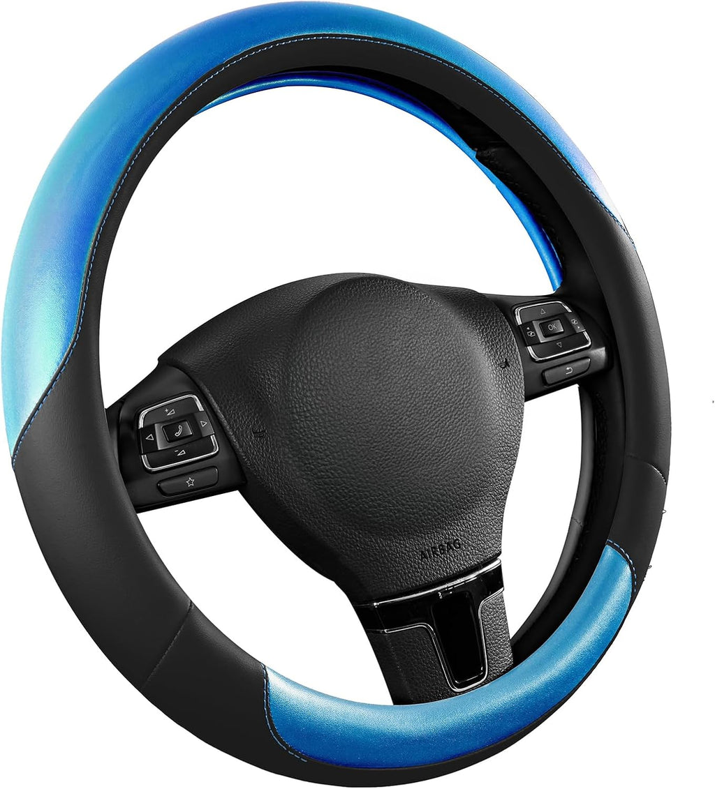 Road Comforts Steering Wheel Cover – Breathable Leather Steering Wheel Cover, Anti-Slip Grip, Universal Fit 14.5” to 15”, Heat & Cold Resistant for Cars, SUVs, and Trucks – Black & Dark Blue