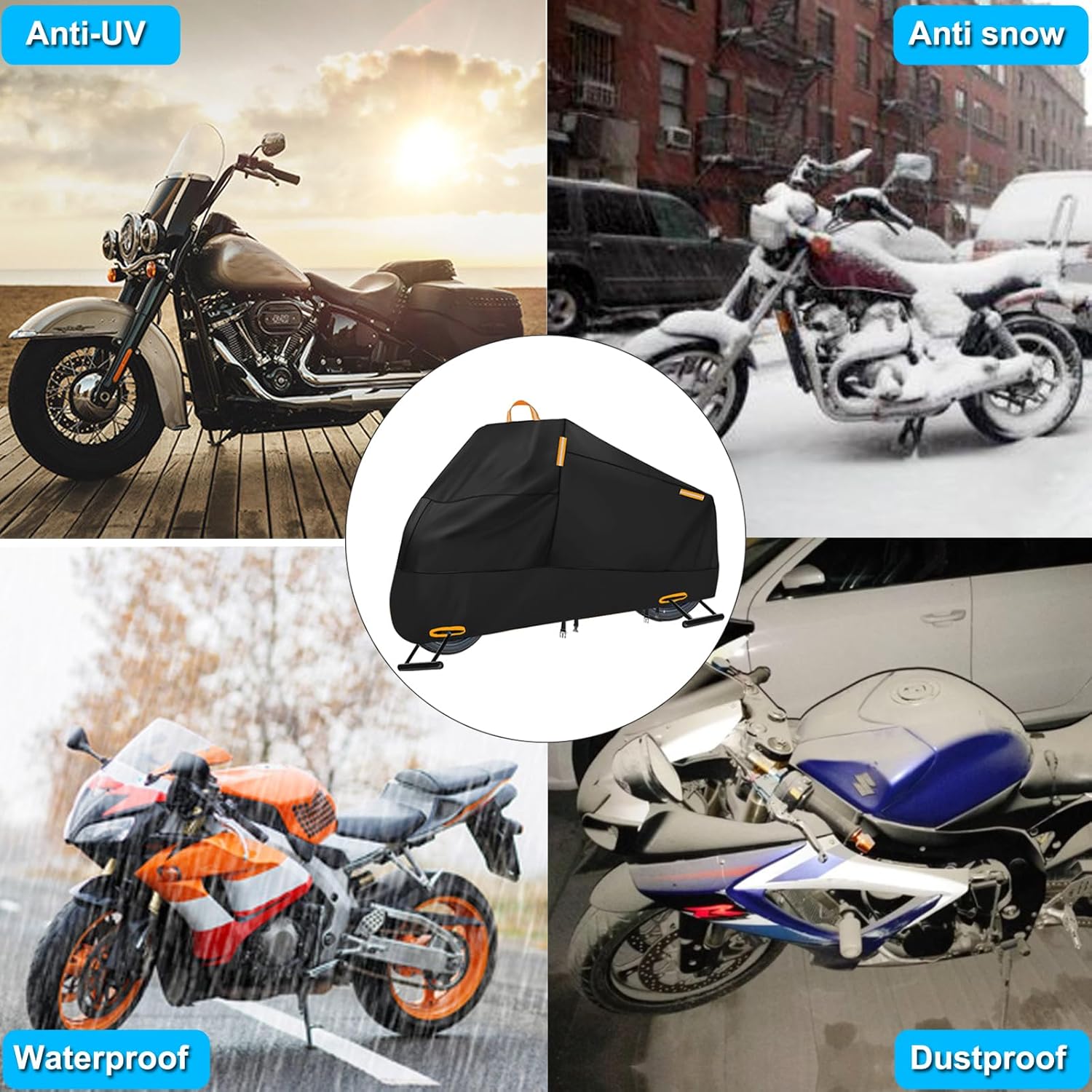 Motorcycle Cover Waterproof Outdoor, 300D Heavy Duty Motorcycle Cover for Harley Davidson Electra Glide Ultra Limited CVO Road Street Glide Honda Gold Wing Protection Fits up to 116" - Black