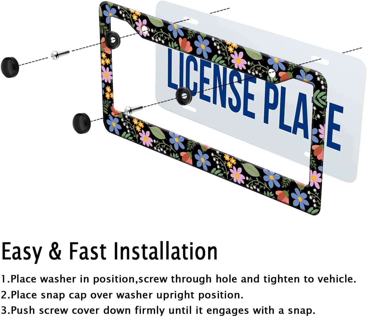 Florals License Plate Frame for Women, Blue Flowers License Tag Frames Holder Covers, Metal Aluminum Rustproof Car Accessories for Us Canada Standard, Girly Car Decorative with 2 Holes and Screw Caps