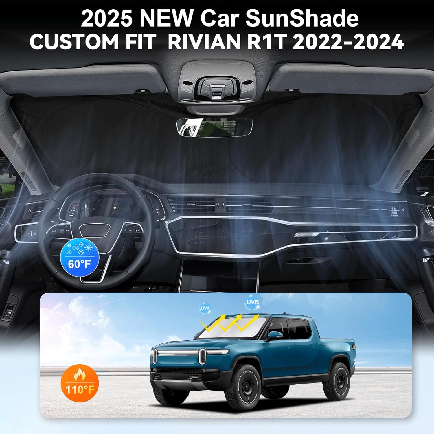 Custom Fit Rivian R1T Windshield Sunshade for 2022-2023 2024 2025 Rivian R1T Accessories Front Window Sun Shades Shield Cover for Windshield Foldable 210T Sun Visor Protector Blocks UV Ray