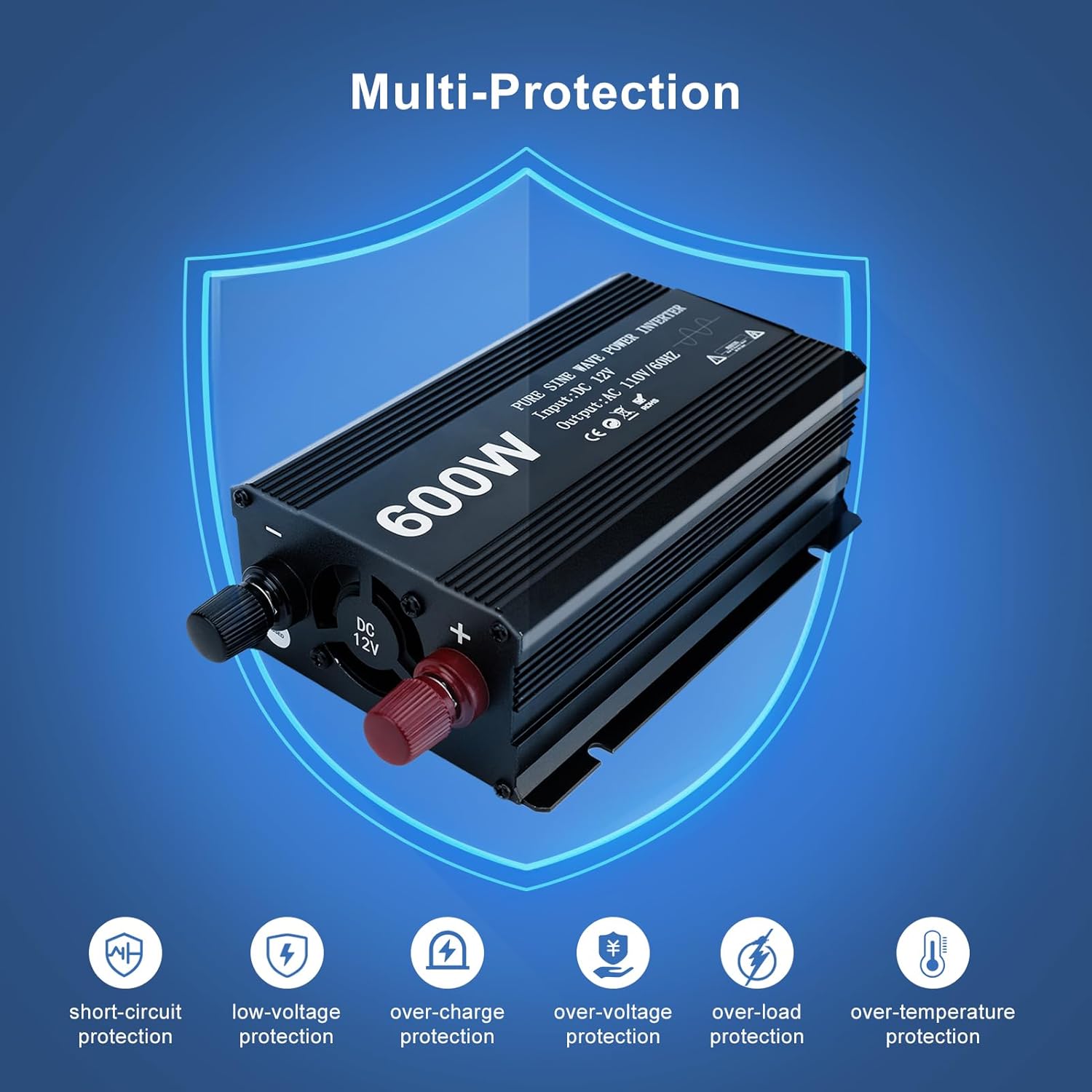 Power Inverter 600W Pure Sine Power Inverter DC 12V to AC 110V Car Converter, Car Cigarette Adapter Converter, Aluminum Alloy Car Power Inverter with 2 USB Ports