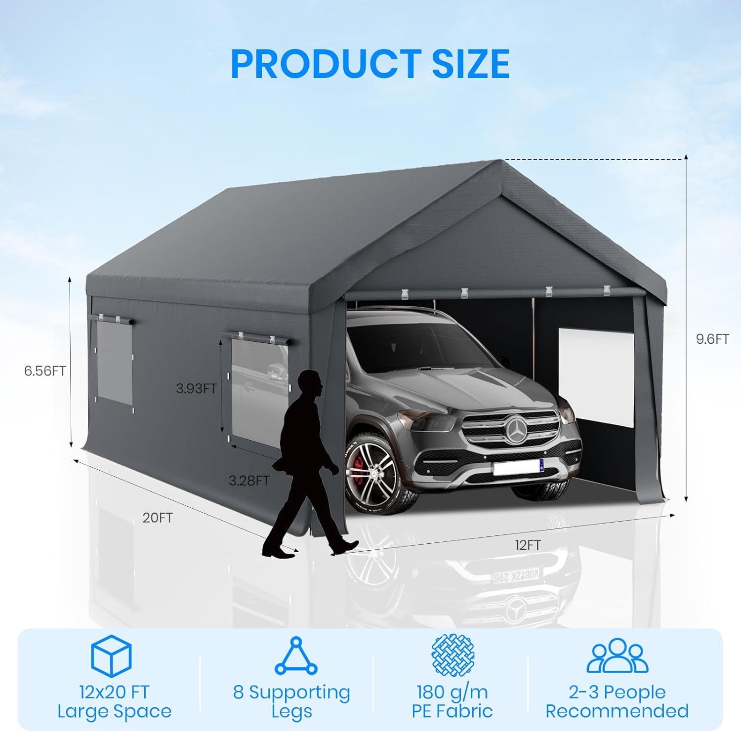 Carport 12x20 FT Heavy Duty,Outdoor Portable Garage with Removable Sidewalls & Doors, Waterproof, UV-Resistant Canopy Shelter for Vehicles, Boats, RVs, Trucks, All-Season Car Port, Gray