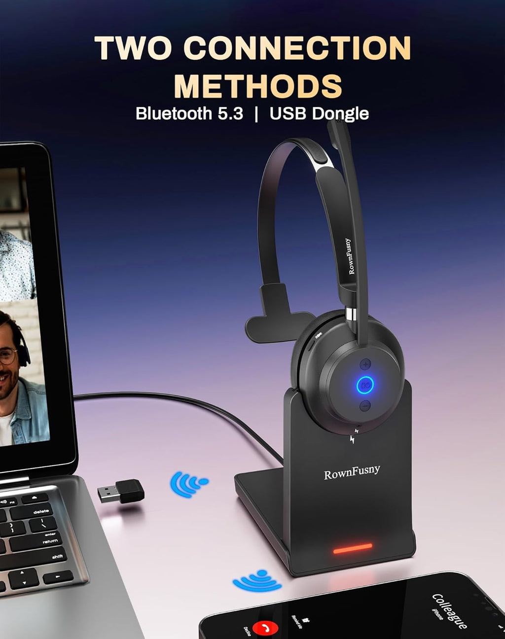Wireless Headset with Mic for Work, Bluetooth 5.3 Headphones with Microphone, Headset with Microphone for PC, Wireless Headphones with Charging Base for Office, Call Center, Cell Phones