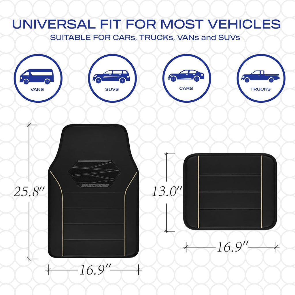 Skechers Memory Foam Car Mats, Leather Piping with Anti-Slip Pad, Universal Waterproof Fit Automotive Floor Mats for SUV, Vans, Sedans, Trucks, Full Set 4pcs Beige