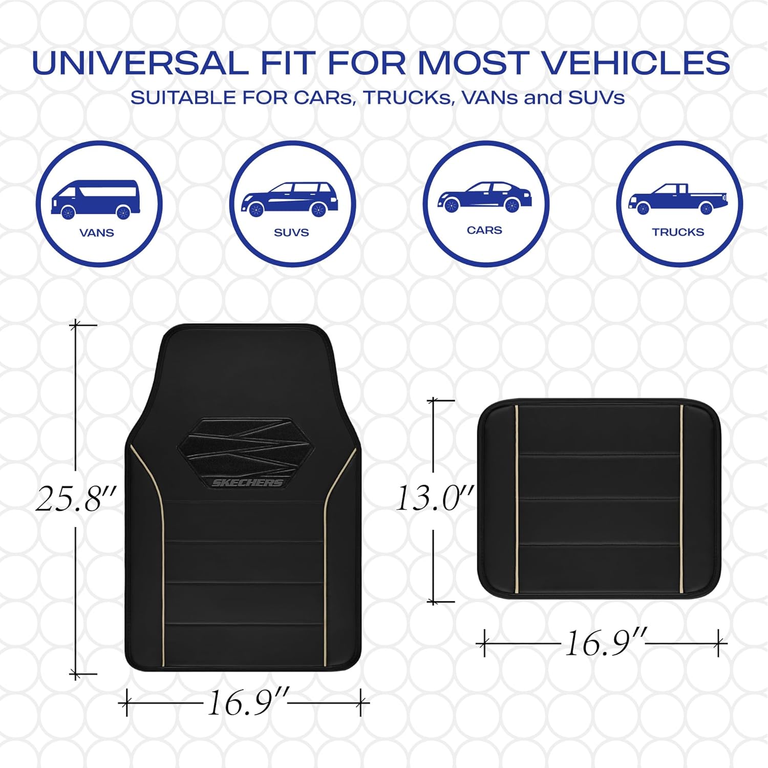 Skechers Memory Foam Car Mats, Leather Piping with Anti-Slip Pad, Universal Waterproof Fit Automotive Floor Mats for SUV, Vans, Sedans, Trucks, Full Set 4pcs Beige