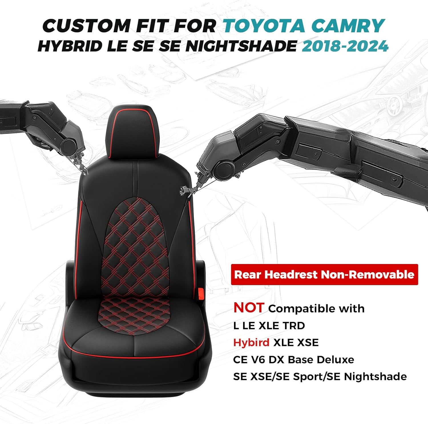 for Toyota Camry Seat Covers Hybrid LE SE 2018 2019 2020 2021 2022 2023 2024 - Custom Car Seat Covers Full Set, Waterproof Breathable Seat Cover for Cars, Leather Cushion Protectors Black Red
