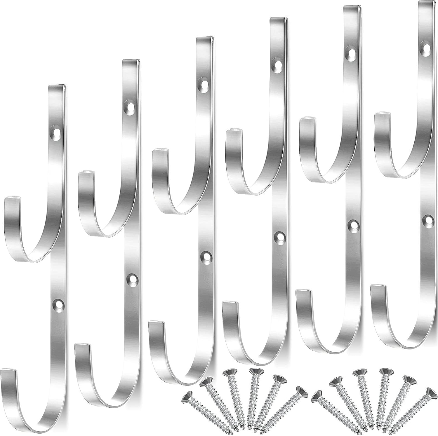 6 Pieces Pool Pole Hook Hanger Swimming Metal Brackets Pool Hook with 12 Pieces Screws for Telescopic Poles, Skimmers, Leaf Rakes, Net, Brush, Vacuum Hose, Garden and Pool Accessories (Silver)