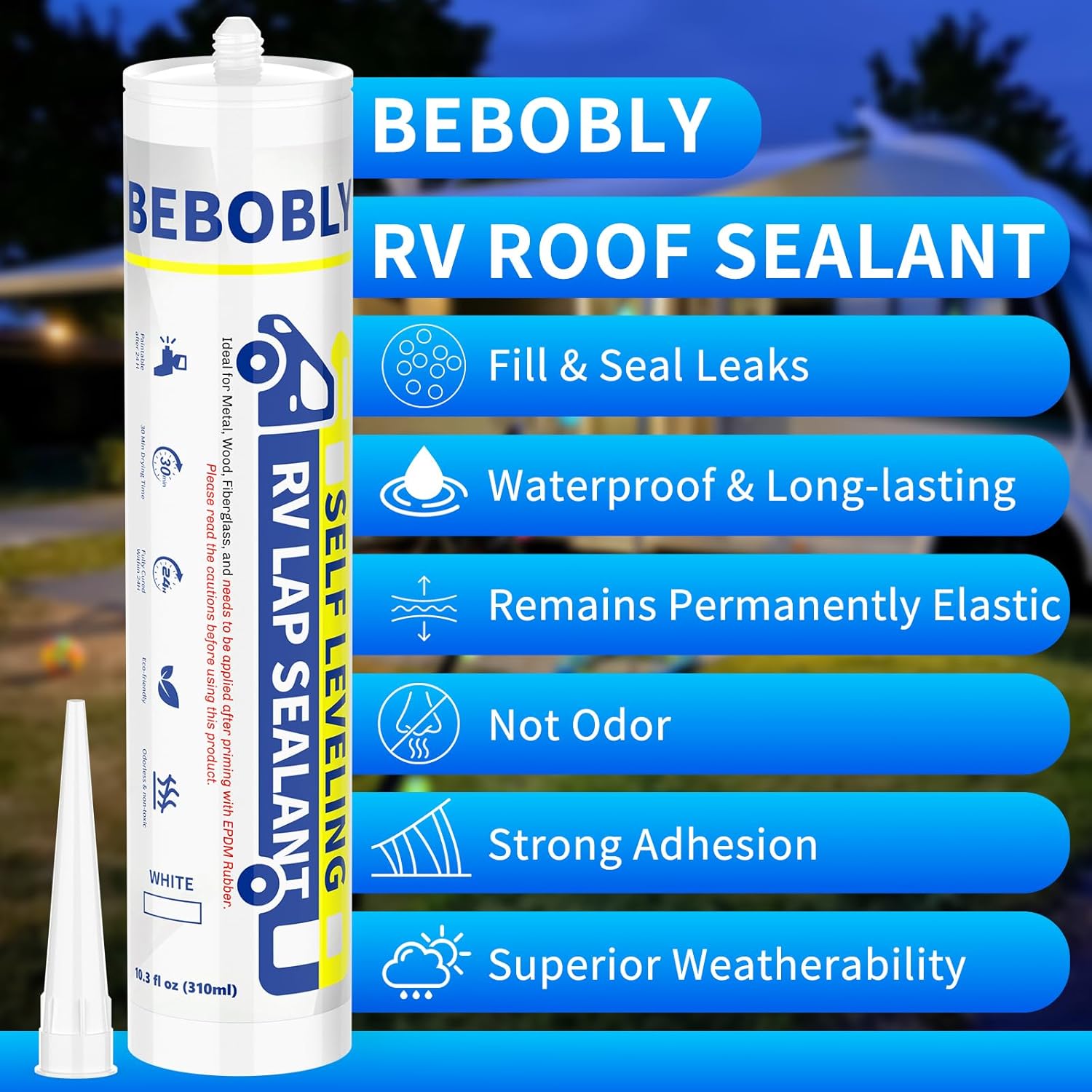 RV Roof Sealant, Self Leveling Lap Sealant White, RV Caulking Sealant Waterproof, Flexible & Non-Cracking, RV Lap Sealant for Camper, Trailer & Motorhome Roof Repair, Secure Odorless (4 Pack)