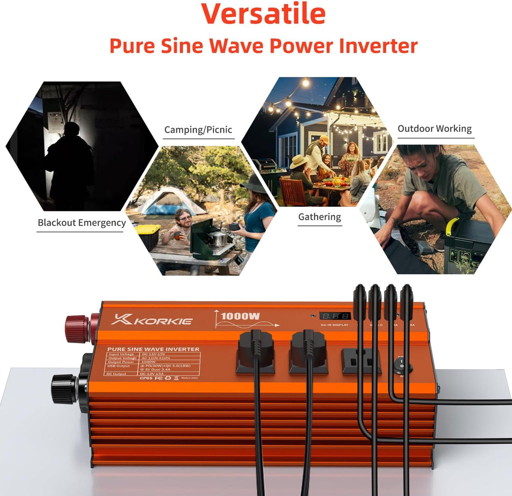 1000W Pure Sine Wave Inverter, Car Power Inverter, 12V DC to 110V AC Power Converter, Emergency Power Inverter with Type-C, Dual 5.2V/2.4A USB, 3AC Outlets for Home,Camping, RV, Truck, Vehicles