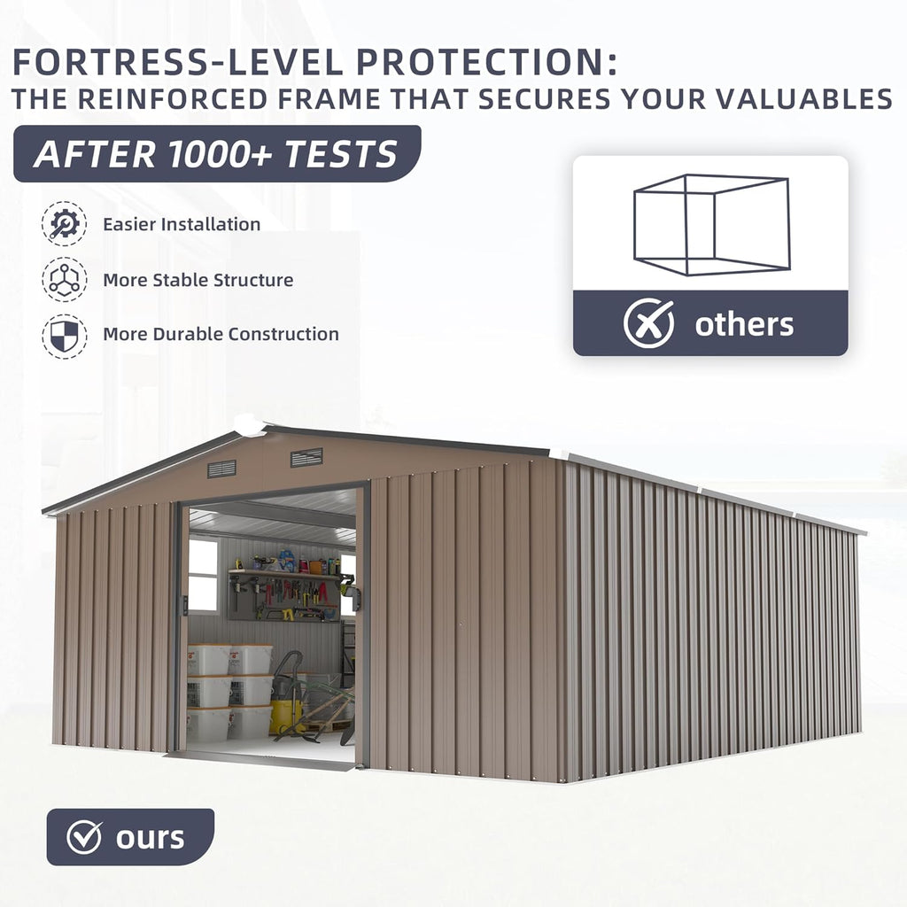 12 x 10 FT Outdoor Storage Shed, Metal Garden Tool Shed with Slooping Roof, Lockable Doors, All-Weather Bike Shed Easy to Assemble for Backyard, Patio, Lawn, Brown
