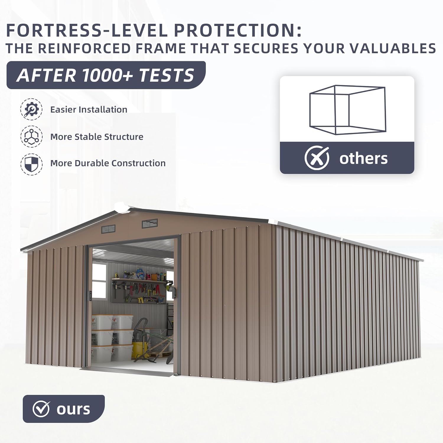 12 x 10 FT Outdoor Storage Shed, Metal Garden Tool Shed with Slooping Roof, Lockable Doors, All-Weather Bike Shed Easy to Assemble for Backyard, Patio, Lawn, Brown