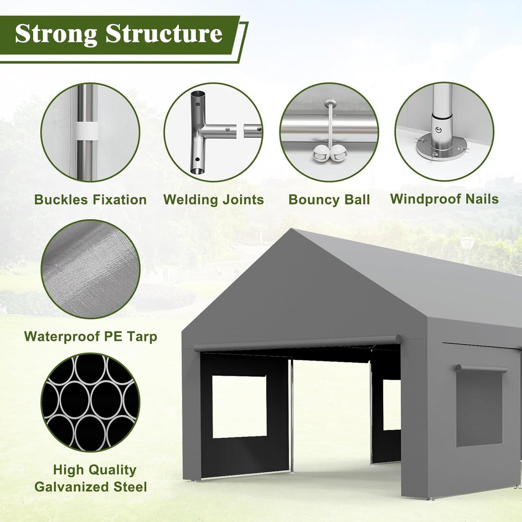 13x20 FT Heavy Duty Carport, Oversized Portable Garage with 4 Doors & 4 Windows, Reinforced Frame, All Weather Protection Outdoor Shelter Canopy for Cars, Boats, Trucks, BBQ and Outdoor Gatherings