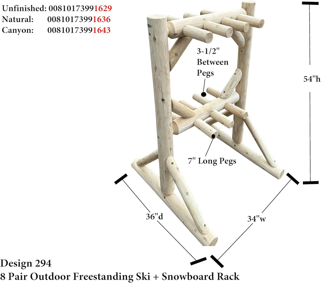 8-Place Freestanding Log Ski Rack Holder, Indoor & Outdoor Snowboard Racks, Standing Storage, Garage Racks for Snow Skis, Durable Snowboard Rack Garage Storage Organizer - Unfinished