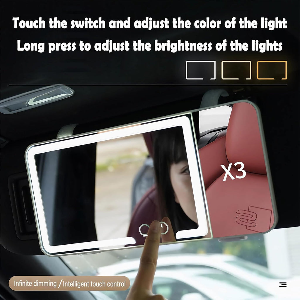 Car Sun Visor Vanity Mirror, Dimmable Touch Screen Makeup Mirrors with 3 Light Modes & 3x Magnifying for Women Detailed Makeup Universal Clip-on Rear View Sun-Shading Cosmetic Mirror (Black)