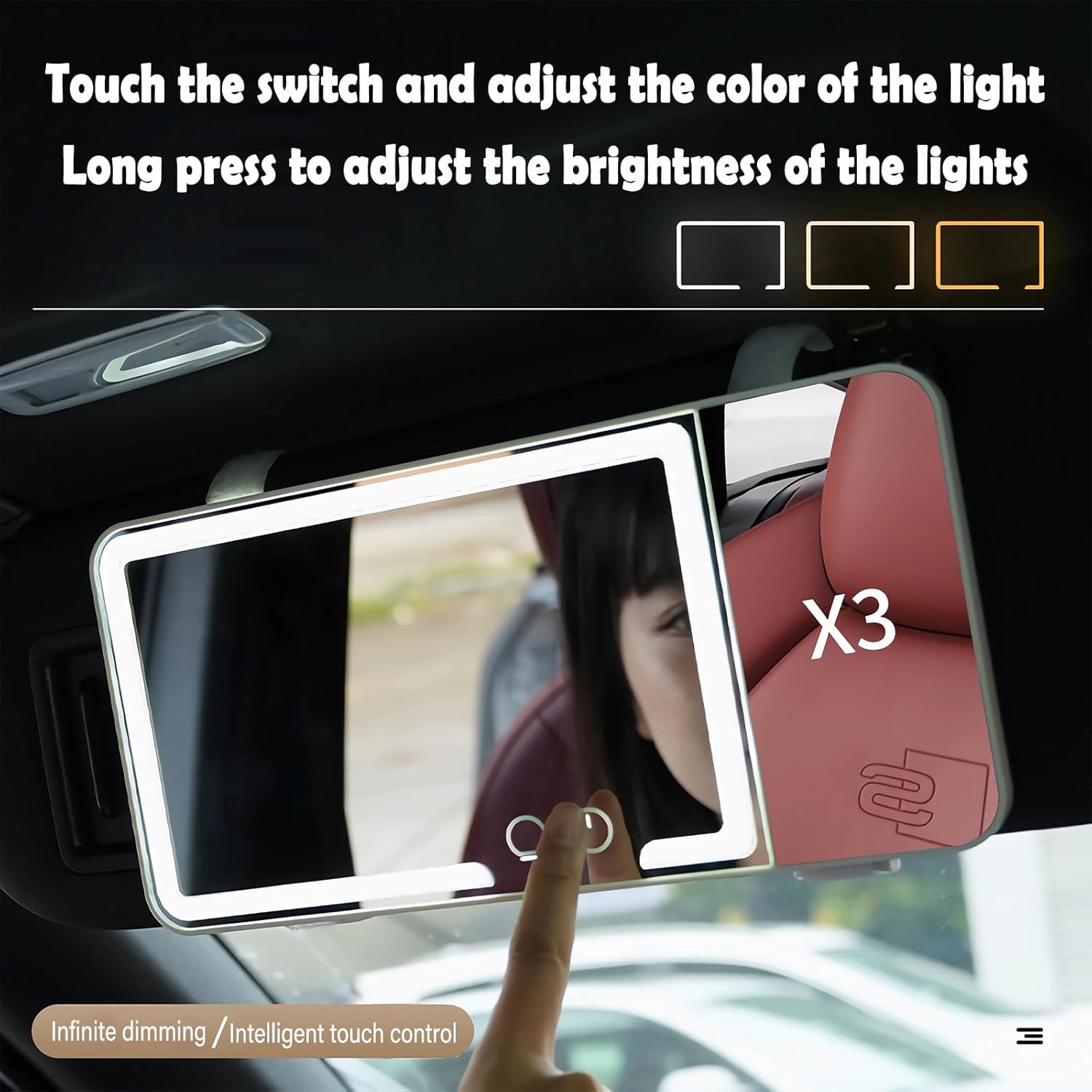 Car Sun Visor Vanity Mirror, Dimmable Touch Screen Makeup Mirrors with 3 Light Modes & 3x Magnifying for Women Detailed Makeup Universal Clip-on Rear View Sun-Shading Cosmetic Mirror (Black)