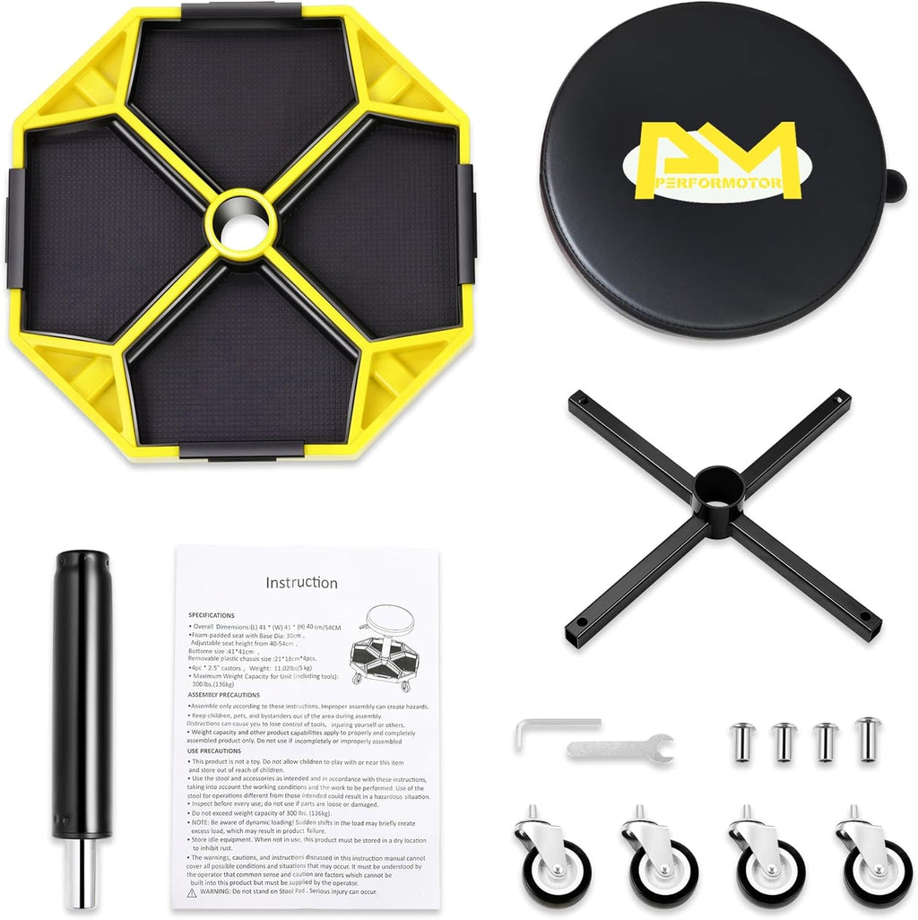 PM PERFORMOTOR Adjustable Height Pneumatic Garage Seat Rolling Mechanic Stool with Tool Tray Storage,300lbs Max Weight Capacity, Yellow,PM-TOL-ATS-YL