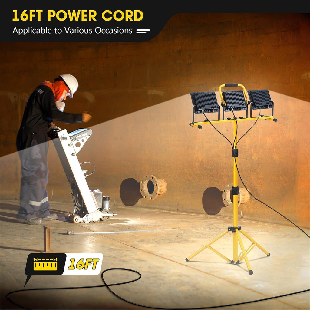 21000 lumens LED work light, IP66 waterproof portable work light, with tripod, 16.4-foot (about 5 meters) wire; Suitable for outdoor and indoor workshop, garage, and construction site lighting
