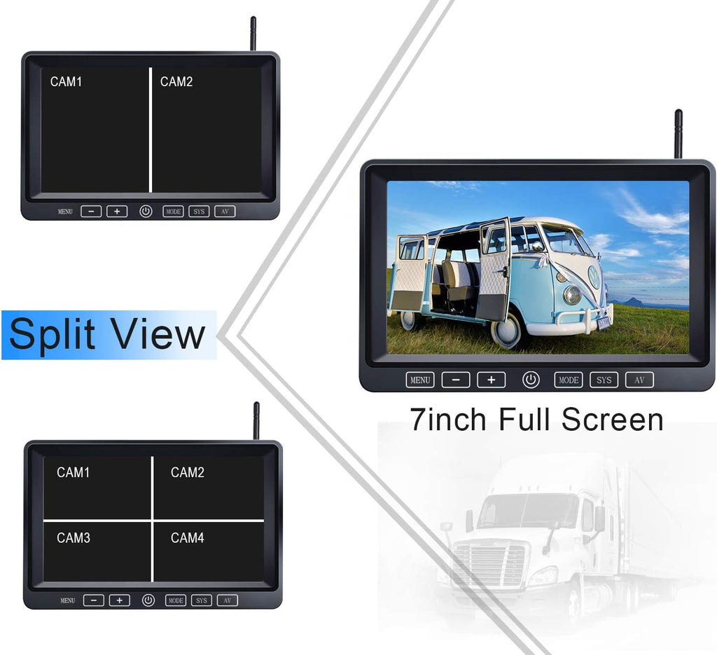 Wireless Backup Camera System with 7-Inch DVR Dual/Quad Split Touch Monitor, IP69 Waterproof HD 1080P Wireless 2 Rear View Side View Camera for RV Trailer Truck 5th Wheel,BW702