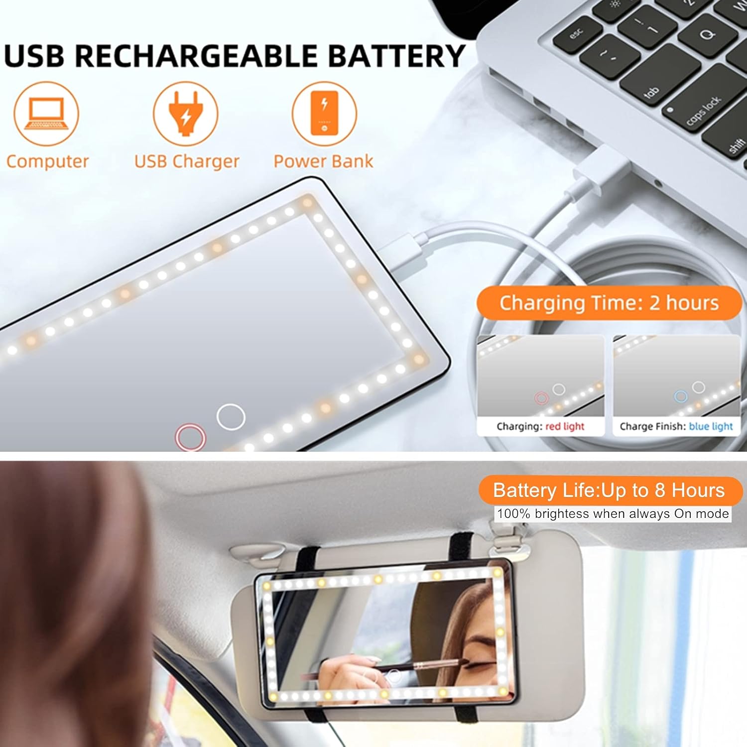 Car Sun Visor Vanity Mirror, with 3 Light Modes & 60 LEDs - Rechargeable Dimmable Clip-on Rear View Sun-Shading Cosmetic Makeup Mirror, Universal for Car SUV(Black)