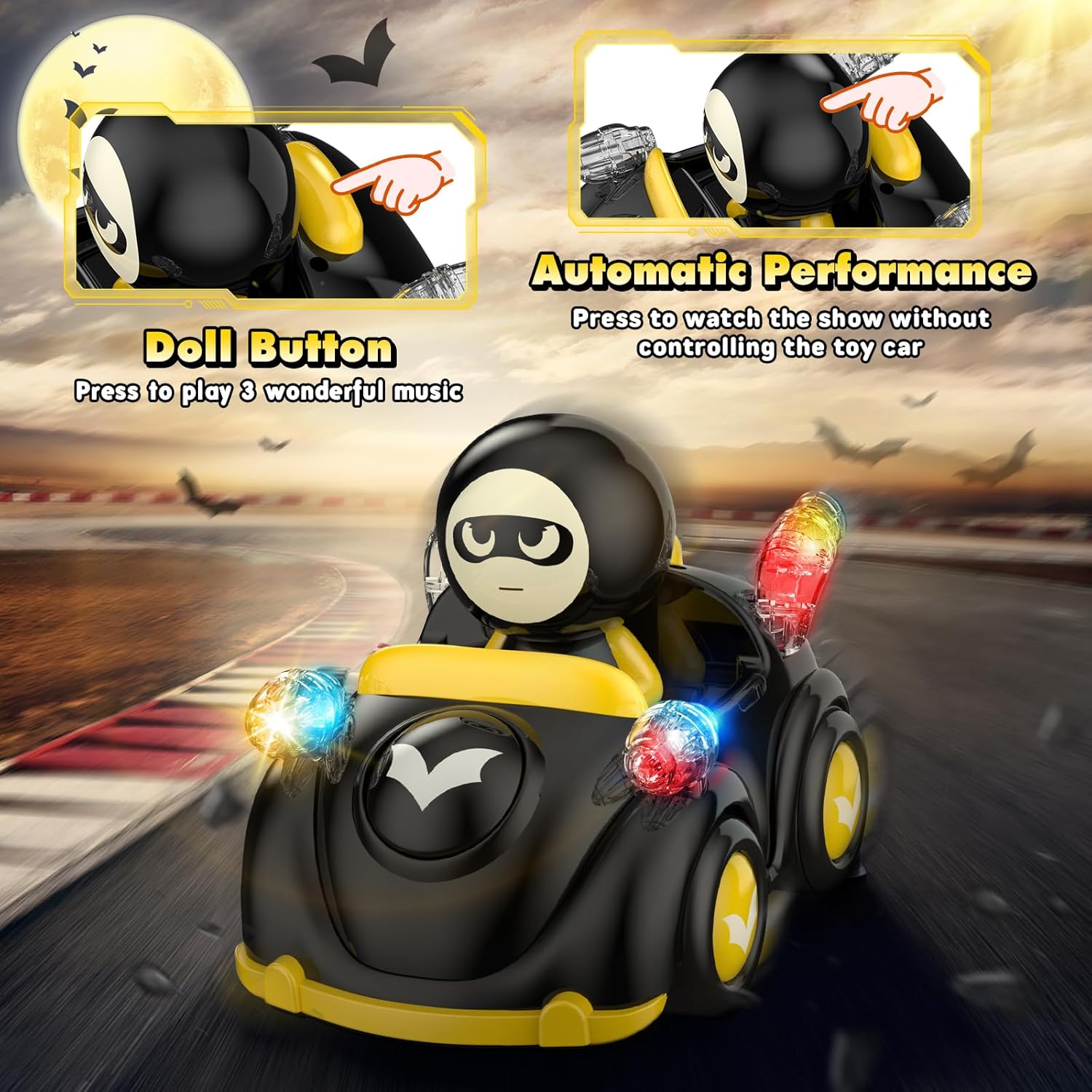 NQD Bat Remote Control Car for Toddlers, RC Cars with Music and Lights, ABS Material RC Cartoon Race Car Toys for Kids Birthday Gifts for Boys