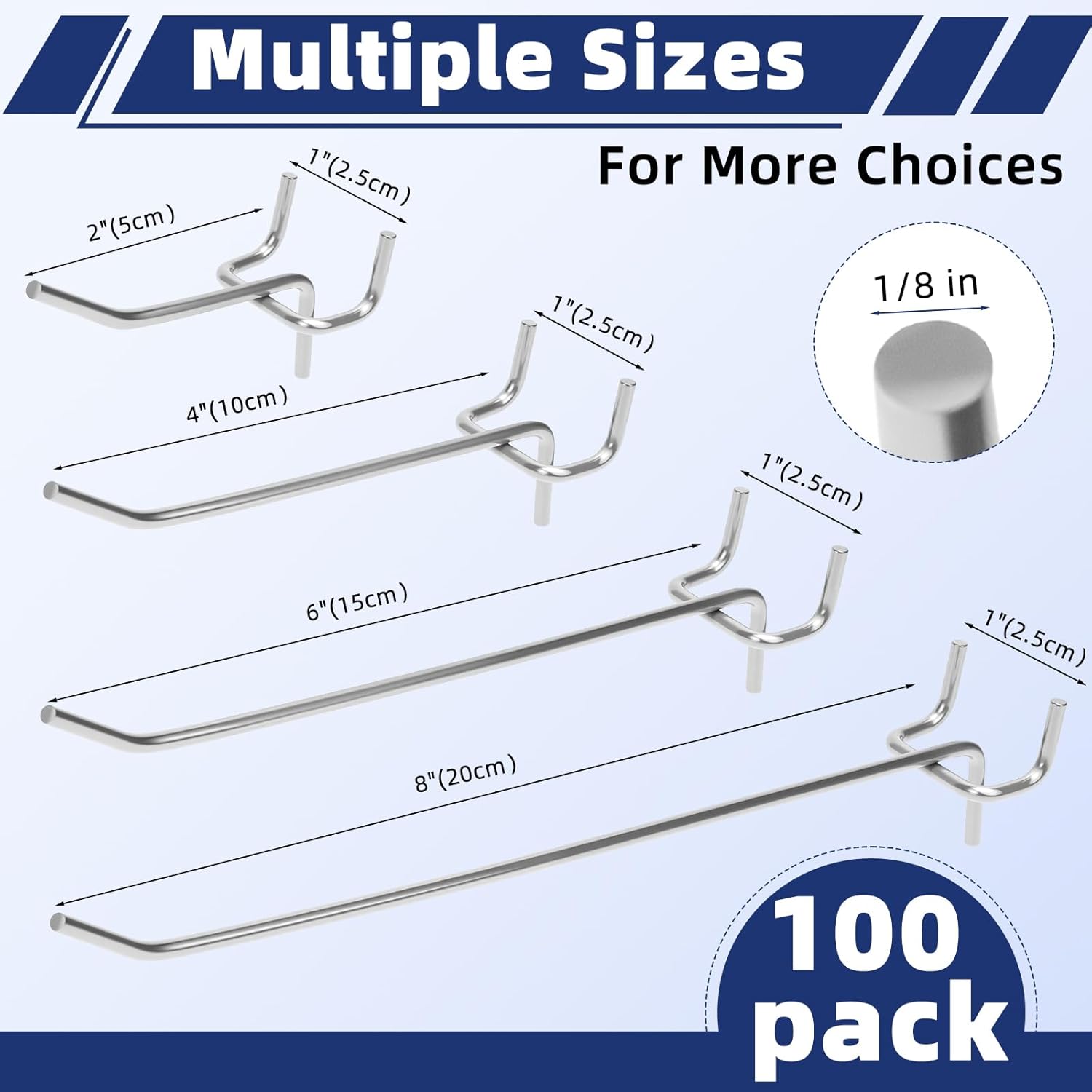 100 Pack Pegboard Hooks Heavy Duty 4 6 8 Inch Pegboard Hooks 1/8 Stainless Steel Peg Board Shelving Hanging Tool Pegs Organizer Accessories Kit for Garage Kitchen Store Craft Organizing Wall Storage