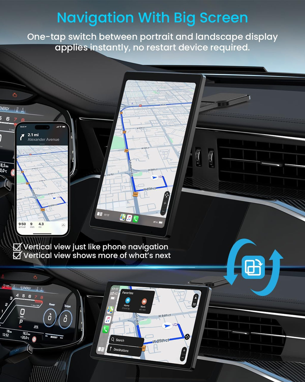 8” Wireless Apple CarPlay Screen for Car with Android Auto & 1080P Backup Camera, Rotatable Touchscreen Car Stereo, Vertical & Horizontal Mode, Bluetooth, GPS Navigation, Mirror Link