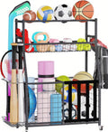 HOMREST Sports Equipment Storage, Ball Storage, Ball Holder, Garage Sports Organizer with Basket and Hooks, Rolling Sports Ball Storage with Wheels for Toy Sports Gear Storage, Black