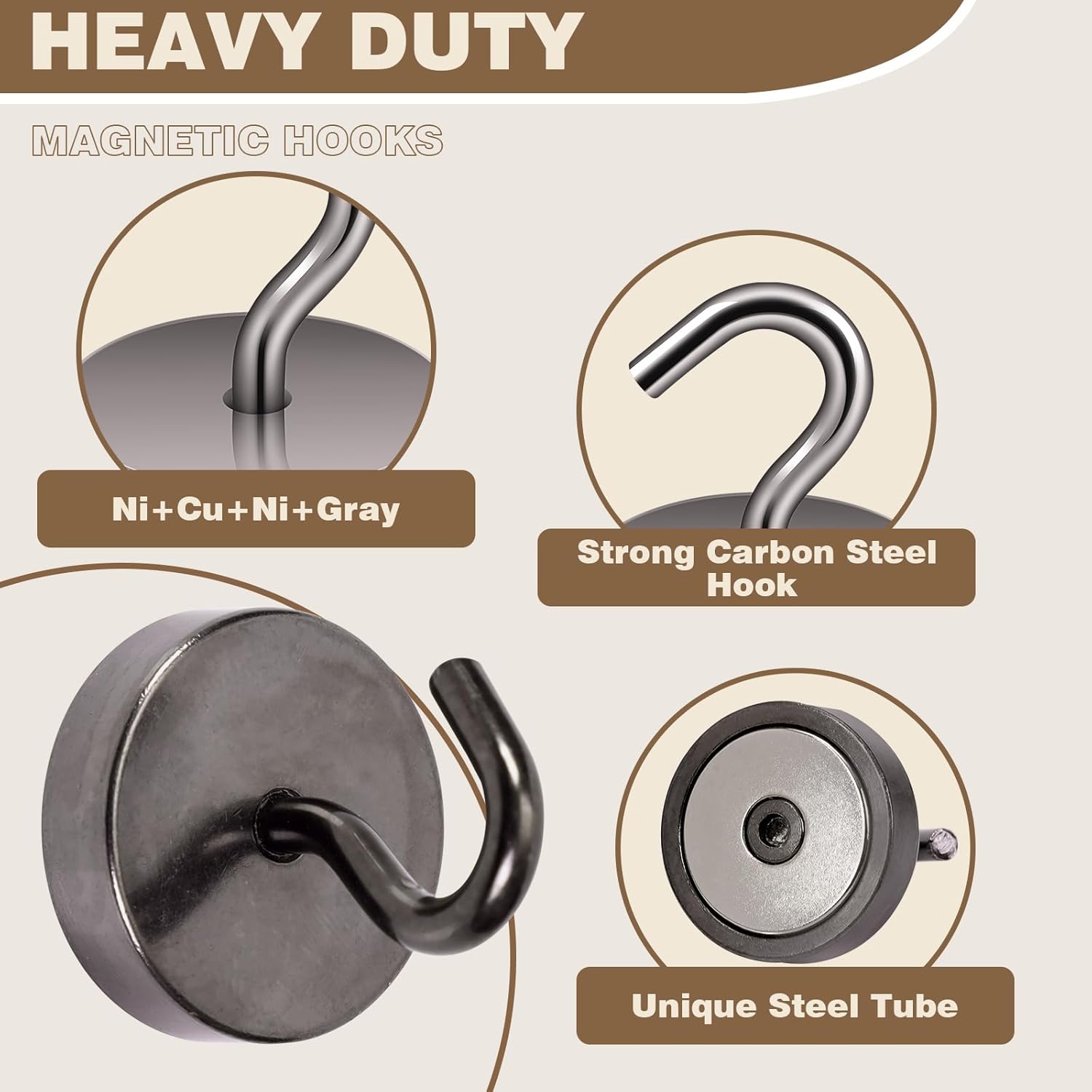 Neosmuk Magnetic Hooks, Cruise Ship Essentials, 80lb+ Heavy Duty Magnetic Hooks for Cruise Cabins, Refrigerator, Grill, Hanging, and Travel | Extra Strong Must-Haves Magnet Hook,Brown