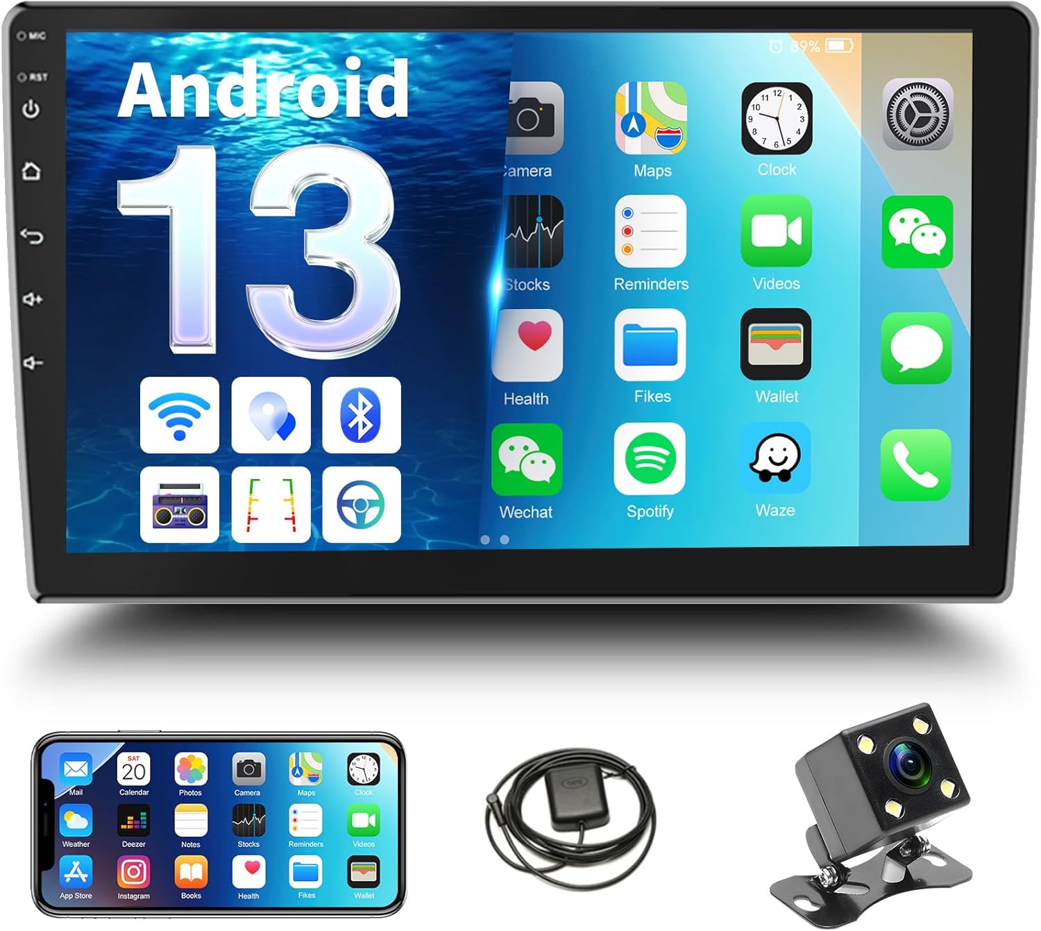Double Din Car Stereo Radio Receiver, 10.1” 2.5D Curved HD Touch Screen Head Unit Multimedia Player, Support Rear View Camera&Android iOS Mirror Link Dual USB Input+License Plate Camera