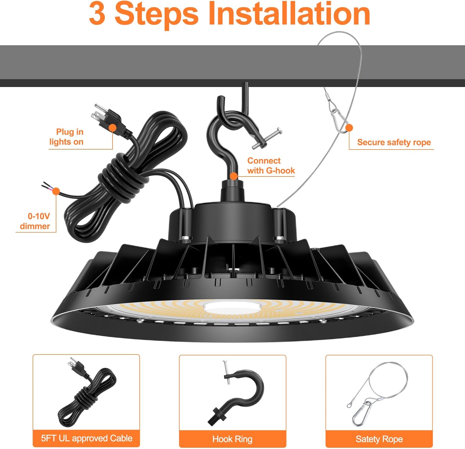 6Pack LED High Bay Lights, Super Bright 240W UFO High Bay LED Shop Lights, 36000LM 5000K, 0-10V Dimmable, 5' Cable Plug, IP65 Waterproof, ETL Listed Plug & Play Lighting for Gym Factory Warehouse