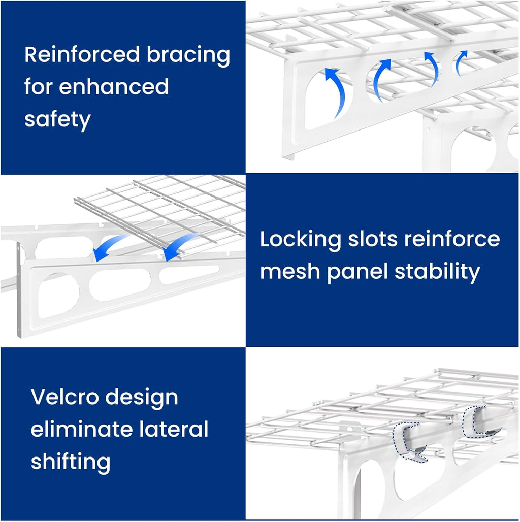 FLEXIMOUNTS 2-Pack 2x6ft Garage Shelving with Hooks, 24-inch-by-72-inch Wall Shelf Garage Storage Racks Floating Shelves, White
