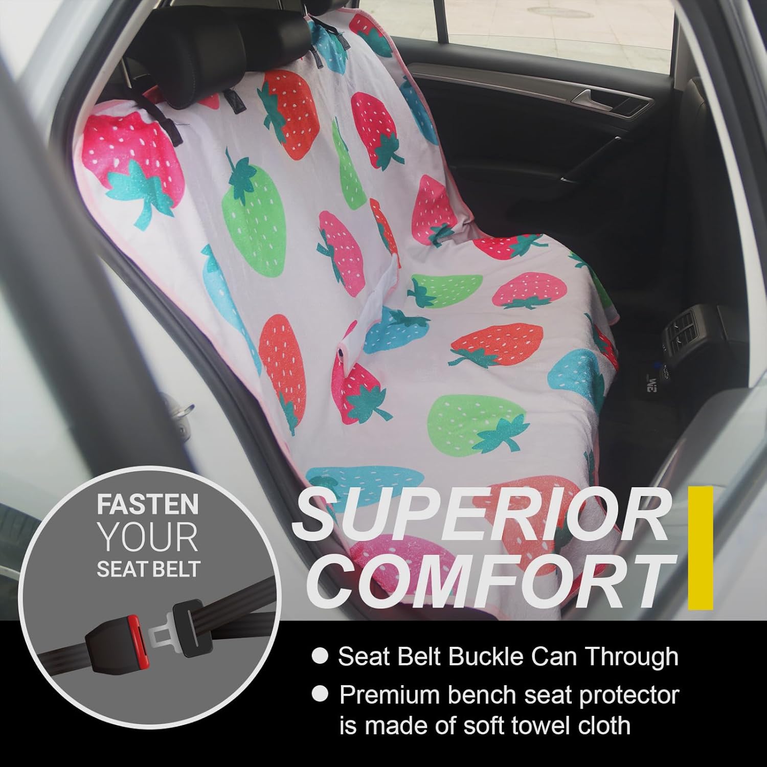 Back Seat Cover for Car Trucks Van SUV,Waterproof Rear Bench Towel Seat Covers for Dogs and Kids,Automotive Backseat Protector (Strawberry)