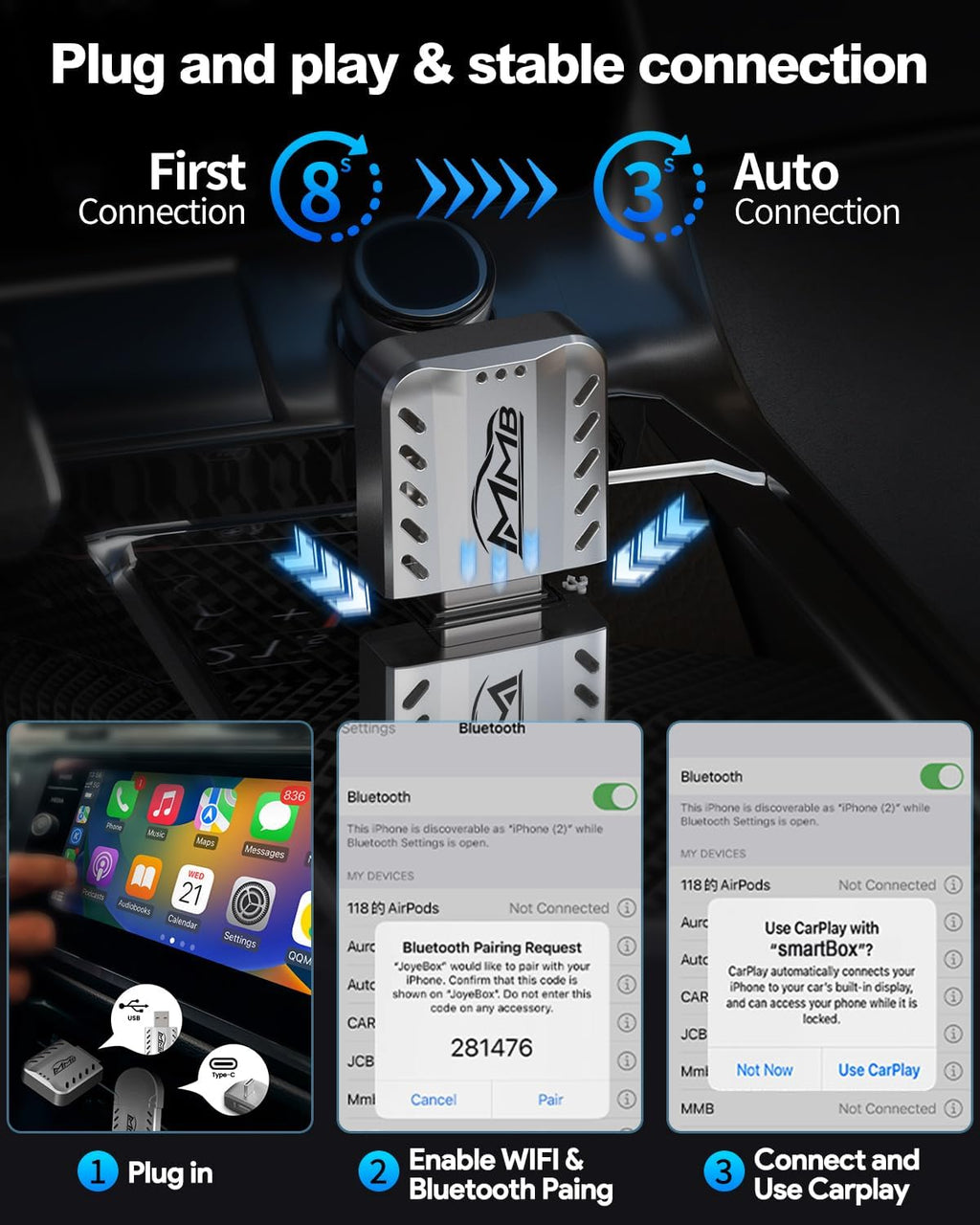 MMB Wireless Carplay Adapter for Apple 2025 Upgrade Mini Apple carplay Fast & Stable, No Delay,Plug and Play Convert Wired to Wireless CarPlay Adapter for iPhone 6+ and 2017+ Cars USB/Type C