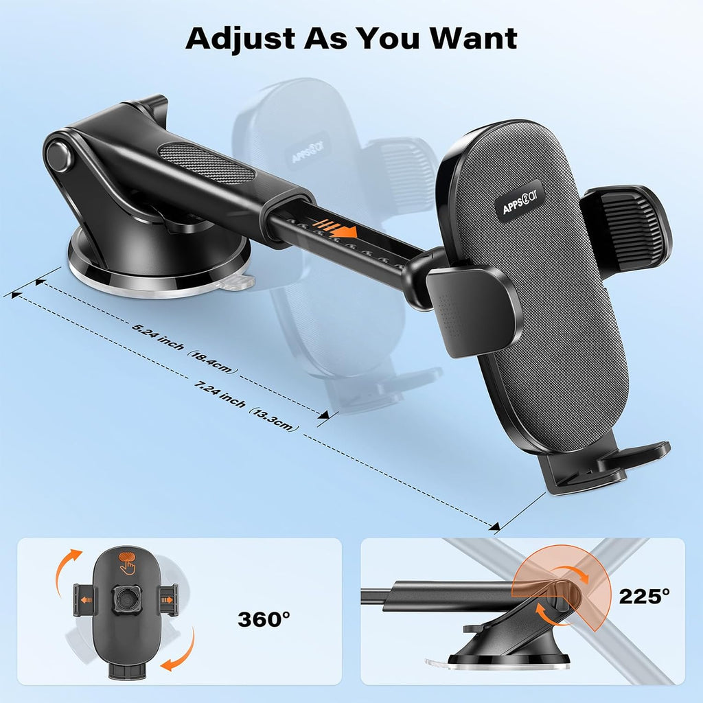 APPS2Car Suction Cup Phone Mount, Windshield/Dashboard/Air Vent Car Phone Holder Mount with Sticky Gel Pad, Compatible with iPhone, Samsung, All Cellphone, Thick Case Friendly