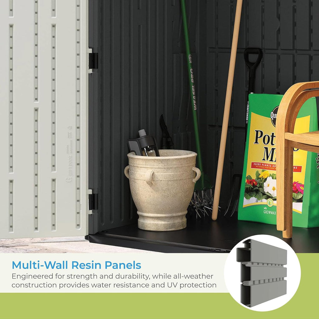 Suncast Extra-Large Vertical Storage Shed for Yard Storage, All-Weather Outdoor Storage Shed with 2 Lockable Doors, 70.5" W x 44.25" D x 77.5" H, Peppercorn, Made in The USA
