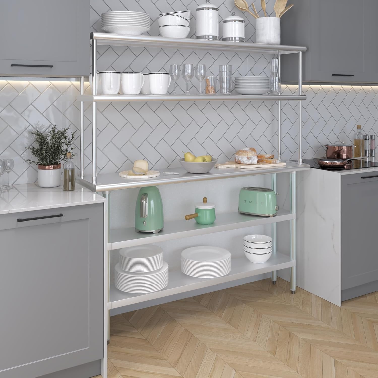 Amgood Stainless Steel Work Table with 2 Shelves | Metal Kitchen Prep Table & Shelving Combo (14" x 60" Table with 2 Shelves + 12" Overshelf)