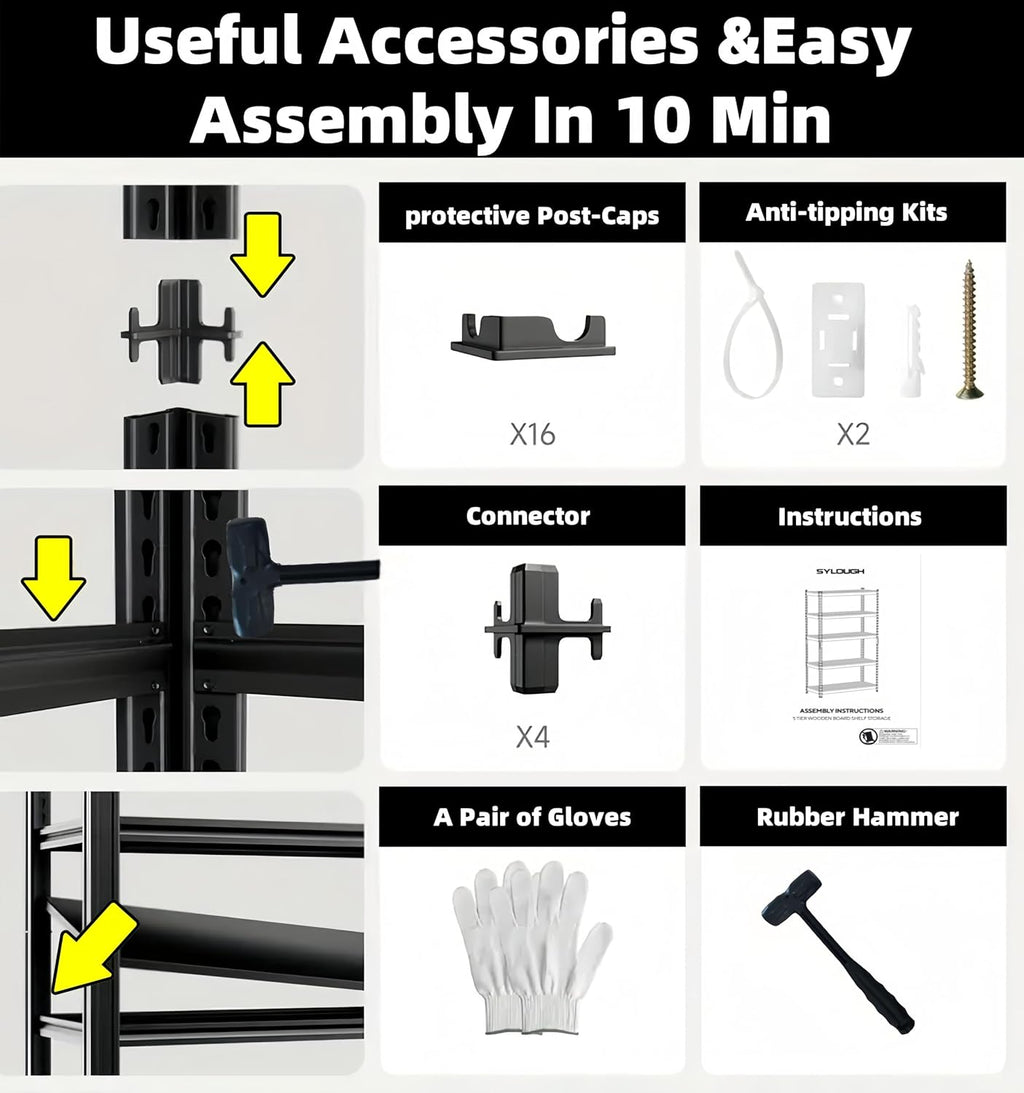 5 Tier Metal Shelving Unit, Adjustable Storage Shelves, 72" H x 47.47" W x 17.75" D Heavy Duty Garage Shelves for Warehouse, Basement, Kitchen, Pantry, Living Room, Black